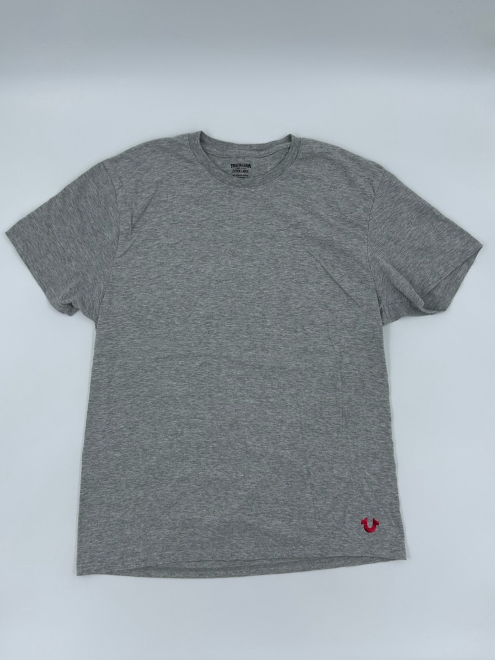 True Religion Men's Heather Gray Crew Tee with Red Horseshoe Accent. XL